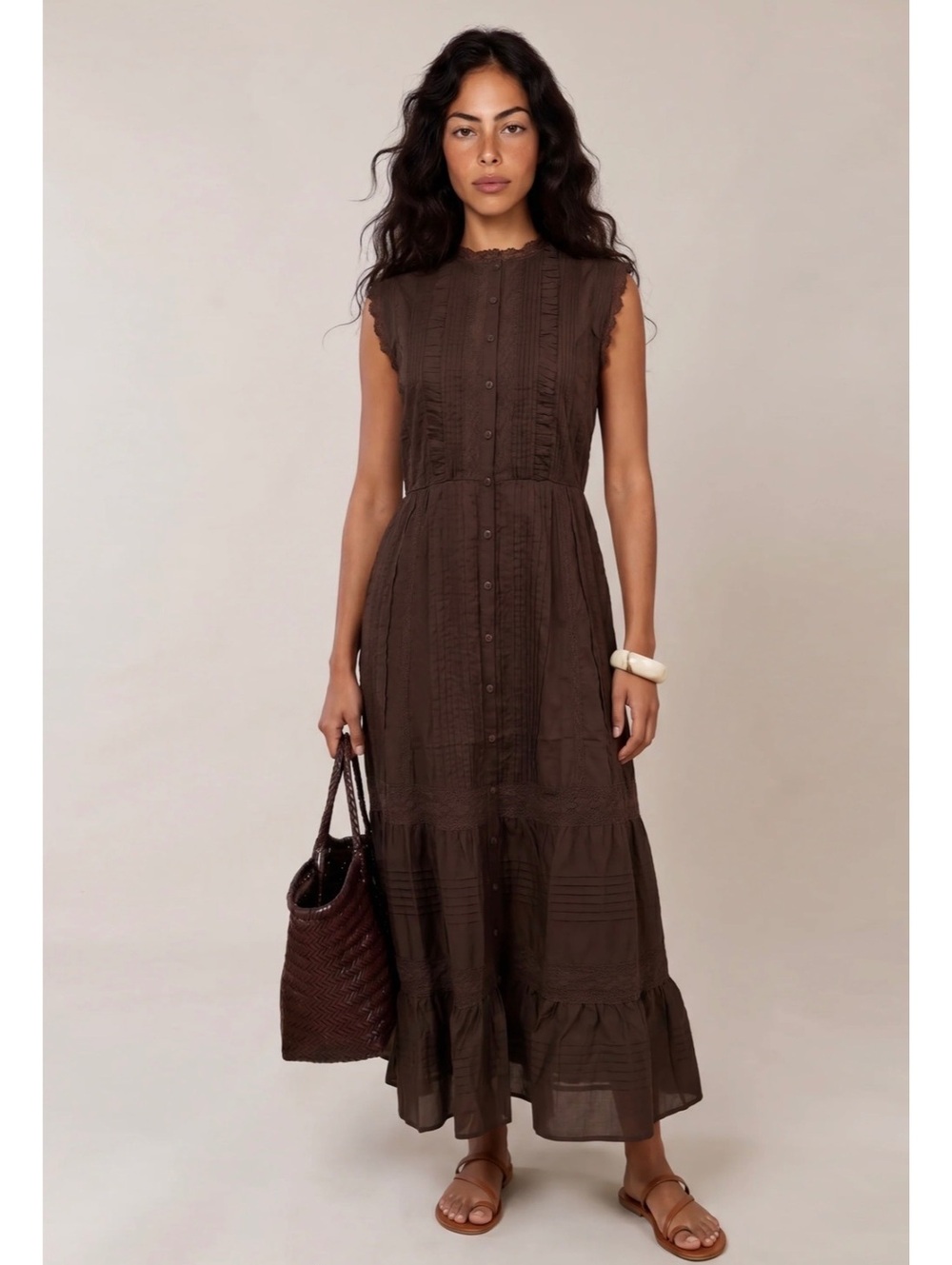 Sorella By Few Moda Primrose Cotton Tiered Maxi Dress Size Medium Coffee